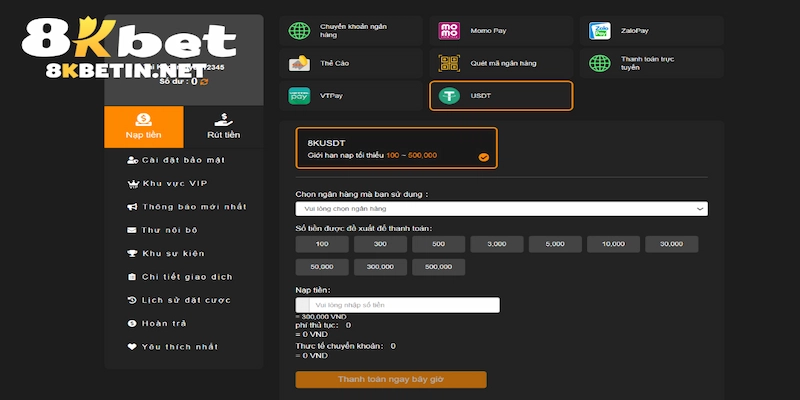Nạp tiền 8KBET qua USDT thuận tiện với khách quốc tế