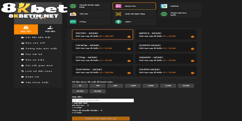 Nạp tiền 8KBET qua ví Momo được nhiều hội viên yêu thích